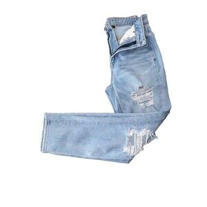 American Eagle Mom Straight Jeans Light Wash Distressed High Rise Stretch Size 2